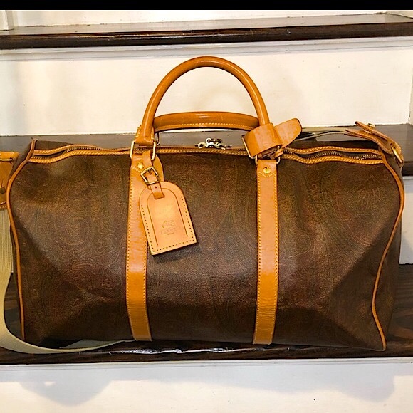 METRO MILANO Paisley Coated Canvas Vachetta Leather Boston Shoulder Weekend Bag - Picture 3 of 17